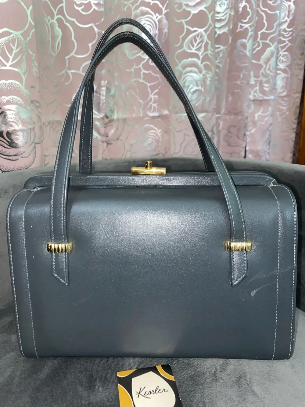 Vintage Kessler Gray Leather Handbag Top Handle Frame Bag Mid Century 1960s Tag